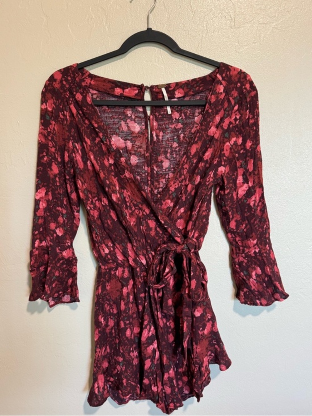 Free People Burgundy Floral Wrap Bell Sleeve Romper XS